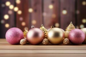 Christmas tree balls lie on a wooden table against the background of bokeh lights. AI generated photo