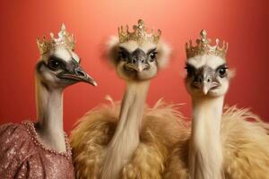 Three ostriches with crowns in golden dresses. AI generated photo