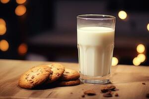 A glass of milk , cookies on a plate. AI generated photo