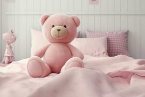 Teddy bear sitting on the bed. AI generated photo