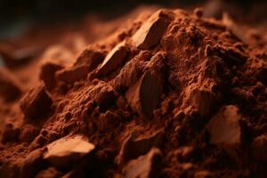 Close-up of cocoa powder, direction of light, mountain of chocolate powder. AI-Generated photo