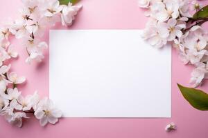 un blanco tarjeta postal con un flor rama mentiras en un rosado fondo, un sitio para texto. ai generado foto