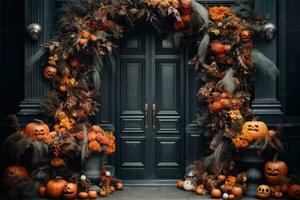 Front door decor with autumn flowers and pumpkins. AI-Generated photo