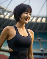 Beautiful smiling asian girl athlete in sports arena AI Generative photo