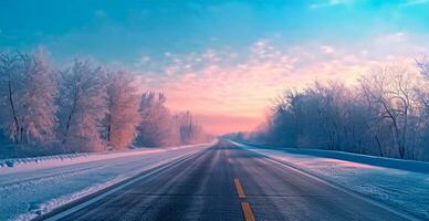 la carretera en el invierno montañas en el fondo, Nevado bosque - ai generado imagen foto