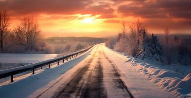 Road in the winter mountains in the background, snowy forest - AI generated image photo