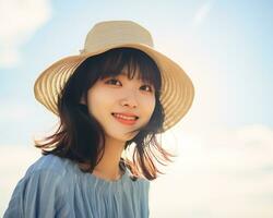 Cheerful asian girl enjoying summer AI Generative photo