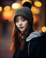 A cheerful korean girl wearing hoodie and knit hat AI Generative photo