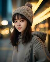 A cheerful korean girl wearing hoodie and knit hat AI Generative photo