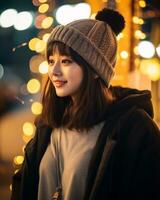 A cheerful korean girl wearing hoodie and knit hat AI Generative photo