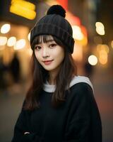 A cheerful korean girl wearing hoodie and knit hat AI Generative photo