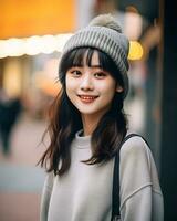 A cheerful korean girl wearing hoodie and knit hat AI Generative photo