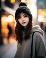 A cheerful korean girl wearing hoodie and knit hat AI Generative photo