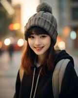 A cheerful korean girl wearing hoodie and knit hat AI Generative photo