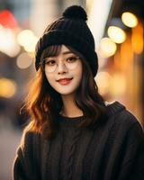 A cheerful korean girl wearing hoodie and knit hat AI Generative photo