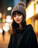 un alegre coreano niña vistiendo capucha y tejer sombrero ai generativo foto
