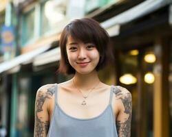 Cheerful korean girl with tattoo Smiling to camera AI Generative photo