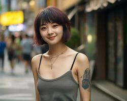 Cheerful korean girl with tattoo Smiling to camera AI Generative photo