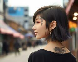 Cheerful korean girl with tattoo Smiling to camera AI Generative photo