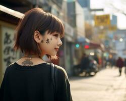 Cheerful korean girl with tattoo Smiling to camera AI Generative photo
