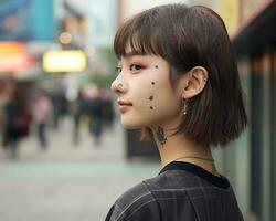 alegre coreano niña con tatuaje sonriente a cámara ai generativo foto