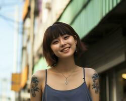 Cheerful korean girl with tattoo Smiling to camera AI Generative photo