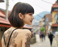 Cheerful korean girl with tattoo Smiling to camera AI Generative photo