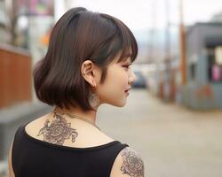 Cheerful korean girl with tattoo Smiling to camera AI Generative photo