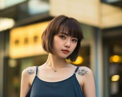 Cheerful korean girl with tattoo Smiling to camera AI Generative photo