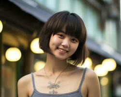 Cheerful korean girl with tattoo Smiling to camera AI Generative photo