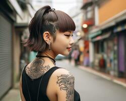 Cheerful korean girl with tattoo Smiling to camera AI Generative photo