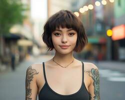 Cheerful korean girl with tattoo Smiling to camera AI Generative photo