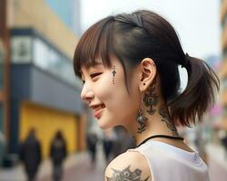 Cheerful korean girl with tattoo Smiling to camera AI Generative photo