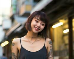 Cheerful korean girl with tattoo Smiling to camera AI Generative photo