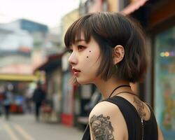 Cheerful korean girl with tattoo Smiling to camera AI Generative photo