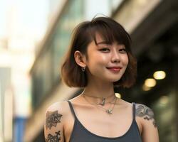 Cheerful korean girl with tattoo Smiling to camera AI Generative photo