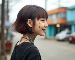 Cheerful korean girl with tattoo Smiling to camera AI Generative photo