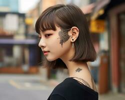 Cheerful korean girl with tattoo Smiling to camera AI Generative photo