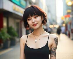 Cheerful korean girl with tattoo Smiling to camera AI Generative photo