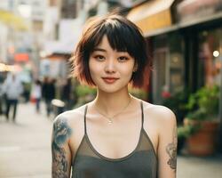 Cheerful korean girl with tattoo Smiling to camera AI Generative photo