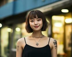 Cheerful korean girl with tattoo Smiling to camera AI Generative photo