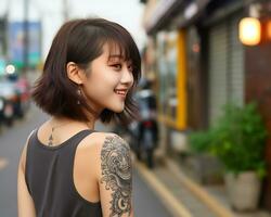 Cheerful korean girl with tattoo Smiling to camera AI Generative photo