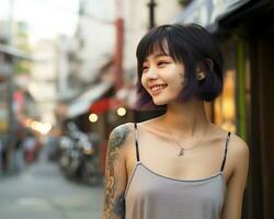 Cheerful korean girl with tattoo Smiling to camera AI Generative photo