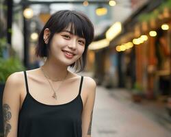 Cheerful korean girl with tattoo Smiling to camera AI Generative photo