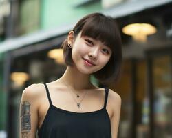 Cheerful korean girl with tattoo Smiling to camera AI Generative photo