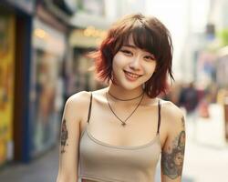 Cheerful korean girl with tattoo Smiling to camera AI Generative photo