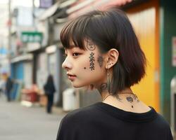 alegre coreano niña con tatuaje sonriente a cámara ai generativo foto