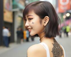 Cheerful korean girl with tattoo Smiling to camera AI Generative photo