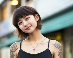 Cheerful korean girl with tattoo Smiling to camera AI Generative photo
