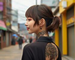 Cheerful korean girl with tattoo Smiling to camera AI Generative photo